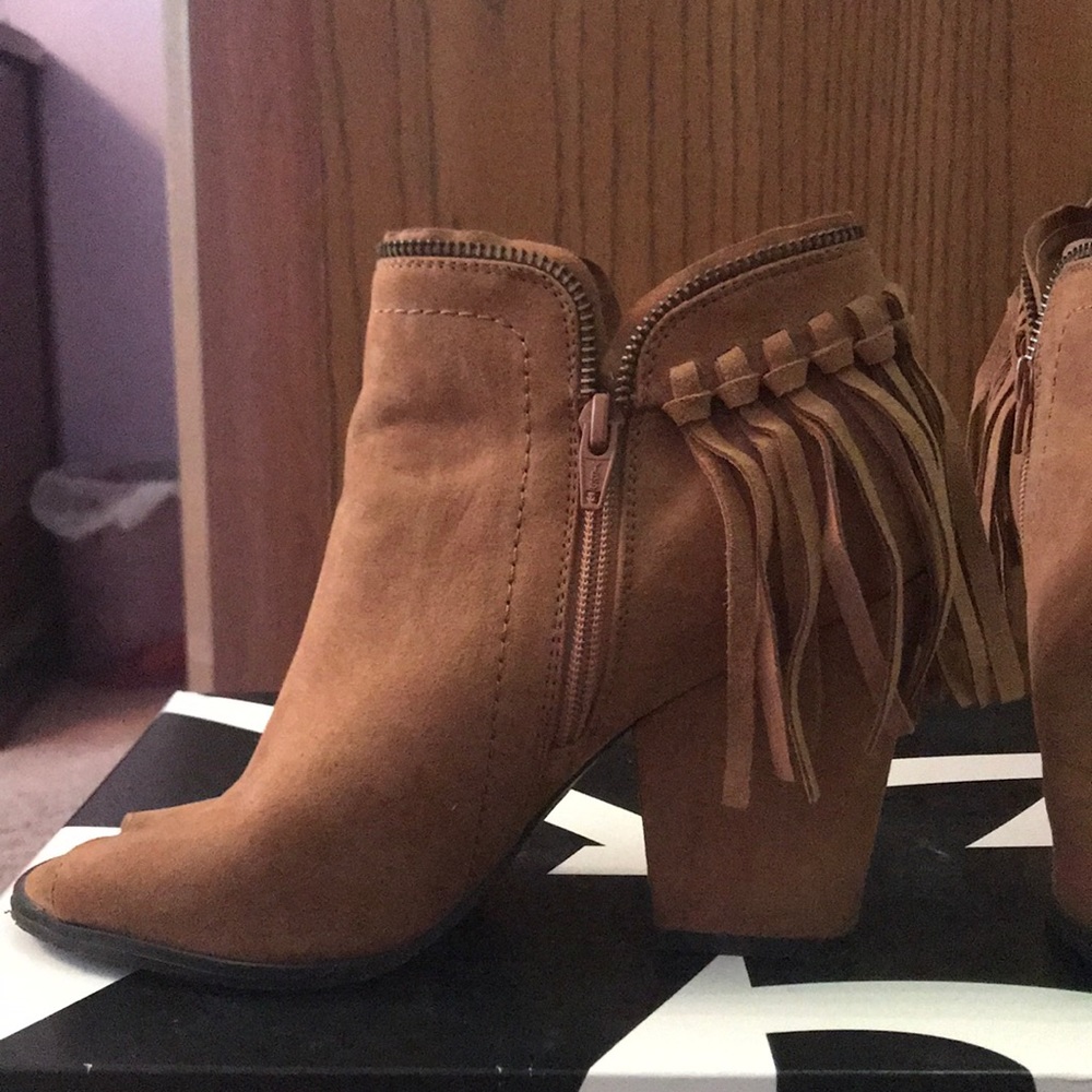 Brown fringe booties with open toe